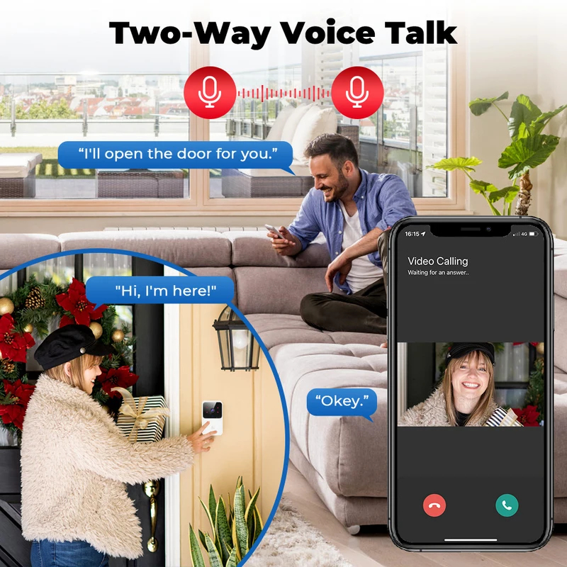 Home Security Front Door Camera - Видеодомофон Tuya WiFi с беспроводной HD-камерой,